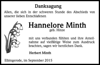 Traueranzeige von Hannelore Minth (geb. Hinze)  von Magdeburger Volksstimme