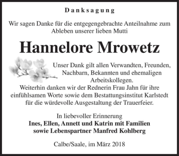 Traueranzeige von Hannelore Mrowetz  von Magdeburger Volksstimme