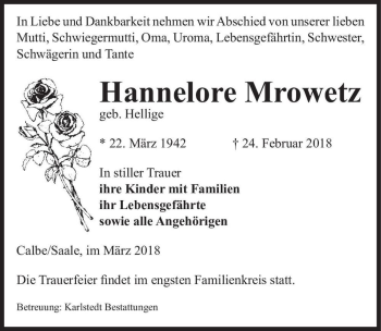 Traueranzeige von Hannelore Mrowetz (geb. Hellige)  von Magdeburger Volksstimme