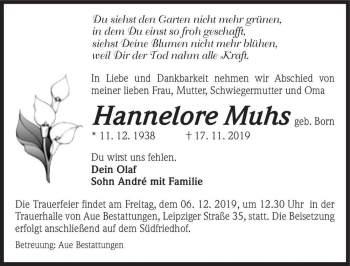 Traueranzeige von Hannelore Muhs (geb. Born)  von Magdeburger Volksstimme
