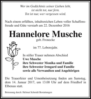 Traueranzeige von Hannelore Musche (geb. Fronecke)  von Magdeburger Volksstimme