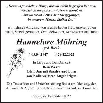 Traueranzeige von Hannelore Möhringq (geb. Rieck)  von Magdeburger Volksstimme