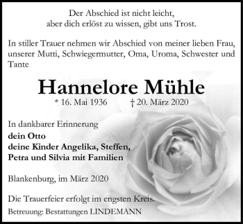Traueranzeige von Hannelore Mühle  von Magdeburger Volksstimme