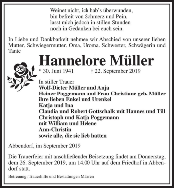Traueranzeige von Hannelore Müller  von Magdeburger Volksstimme