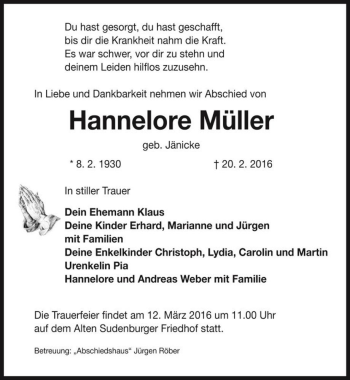 Traueranzeige von Hannelore Müller (geb. Jänicke)  von Magdeburger Volksstimme