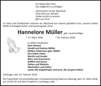 Traueranzeige von Hannelore Müller (geb. Lautenschläger)  von Magdeburger Volksstimme