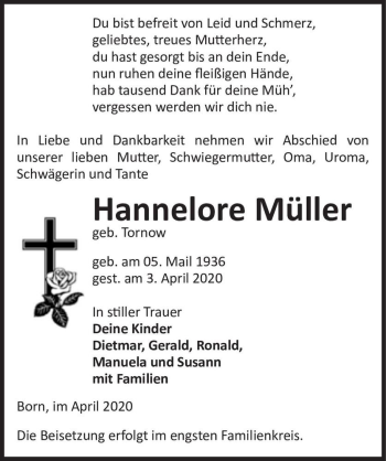 Traueranzeige von Hannelore Müller (geb. Tornow)  von Magdeburger Volksstimme