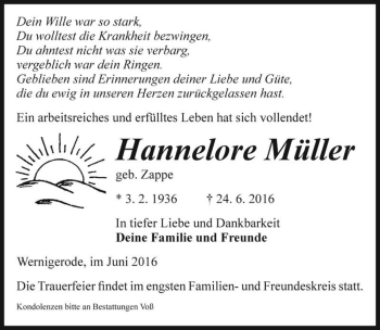 Traueranzeige von Hannelore Müller (geb. Zappe)  von Magdeburger Volksstimme