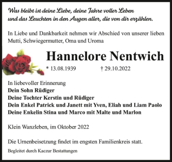 Traueranzeige von Hannelore Nentwich  von Magdeburger Volksstimme