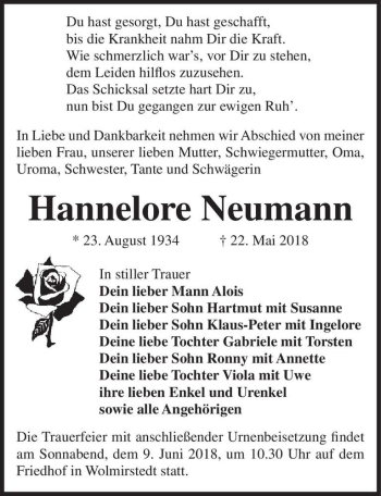 Traueranzeige von Hannelore Neumann  von Magdeburger Volksstimme