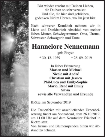 Traueranzeige von Hannelore Neumann (geb. Freyer)  von Magdeburger Volksstimme