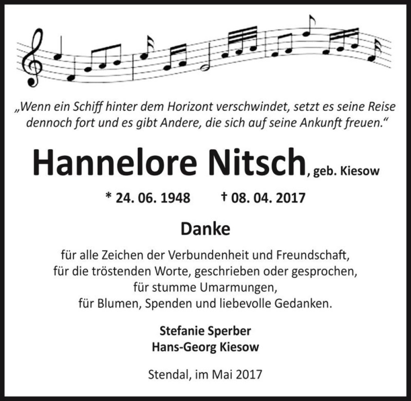  Traueranzeige für Hannelore Nitsch (geb. Kiesow)  vom 13.05.2017 aus Magdeburger Volksstimme