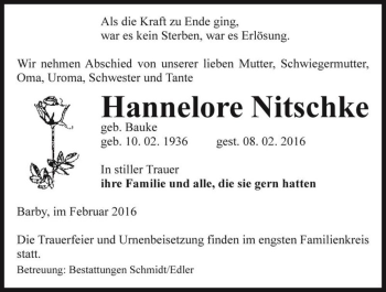 Traueranzeige von Hannelore Nitschke (geb. Bauke)  von Magdeburger Volksstimme