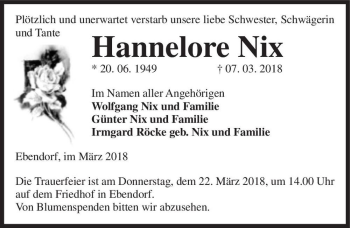 Traueranzeige von Hannelore Nix  von Magdeburger Volksstimme
