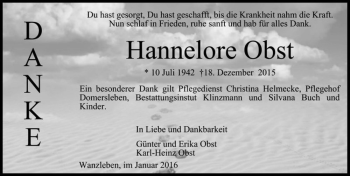 Traueranzeige von Hannelore Obst  von Magdeburger Volksstimme