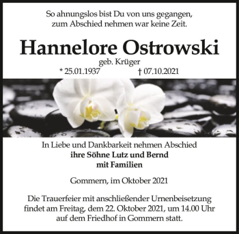 Traueranzeige von Hannelore Ostrowski (geb. Krüger)  von Magdeburger Volksstimme