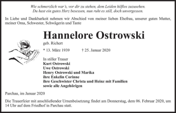 Traueranzeige von Hannelore Ostrowski (geb. Richert)  von Magdeburger Volksstimme
