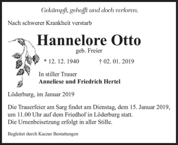 Traueranzeige von Hannelore Otto (geb. Freier)  von Magdeburger Volksstimme
