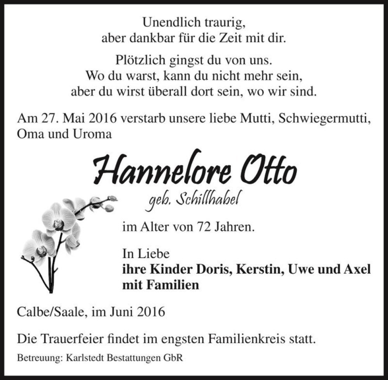  Traueranzeige für Hannelore Otto (geb. Schillhabel)  vom 04.06.2016 aus Magdeburger Volksstimme