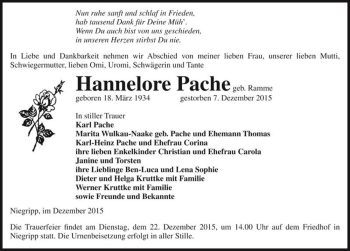 Traueranzeige von Hannelore Pache  von Magdeburger Volksstimme