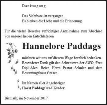 Traueranzeige von Hannelore Paddags  von Magdeburger Volksstimme