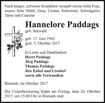 Traueranzeige von Hannelore Paddags (geb. Seewald)  von Magdeburger Volksstimme