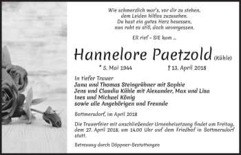 Traueranzeige von Hannelore Paetzold (Kühle)  von Magdeburger Volksstimme