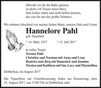 Traueranzeige von Hannelore Pahl (geb. Staeubert)  von Magdeburger Volksstimme