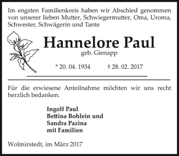 Traueranzeige von Hannelore Paul (geb. Gienapp)  von Magdeburger Volksstimme