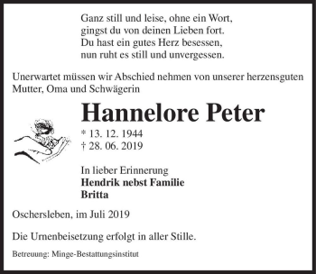 Traueranzeige von Hannelore Peter  von Magdeburger Volksstimme