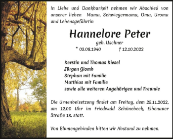 Traueranzeige von Hannelore Peter (geb. Uschner)  von Magdeburger Volksstimme