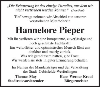 Traueranzeige von Hannelore Pieper  von Magdeburger Volksstimme
