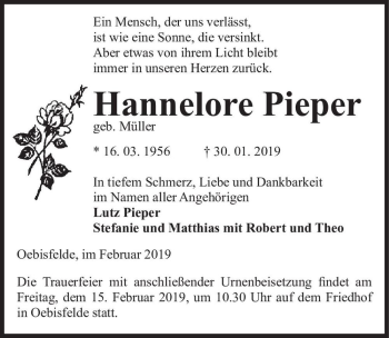 Traueranzeige von Hannelore Pieper (geb. Müller)  von Magdeburger Volksstimme