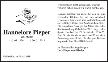 Traueranzeige von Hannelore Pieper (geb. Müller)  von Magdeburger Volksstimme
