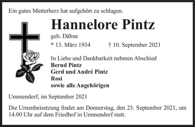 Traueranzeige für Hannelore Pintz (geb. Dähne)  vom 15.09.2021 aus Magdeburger Volksstimme