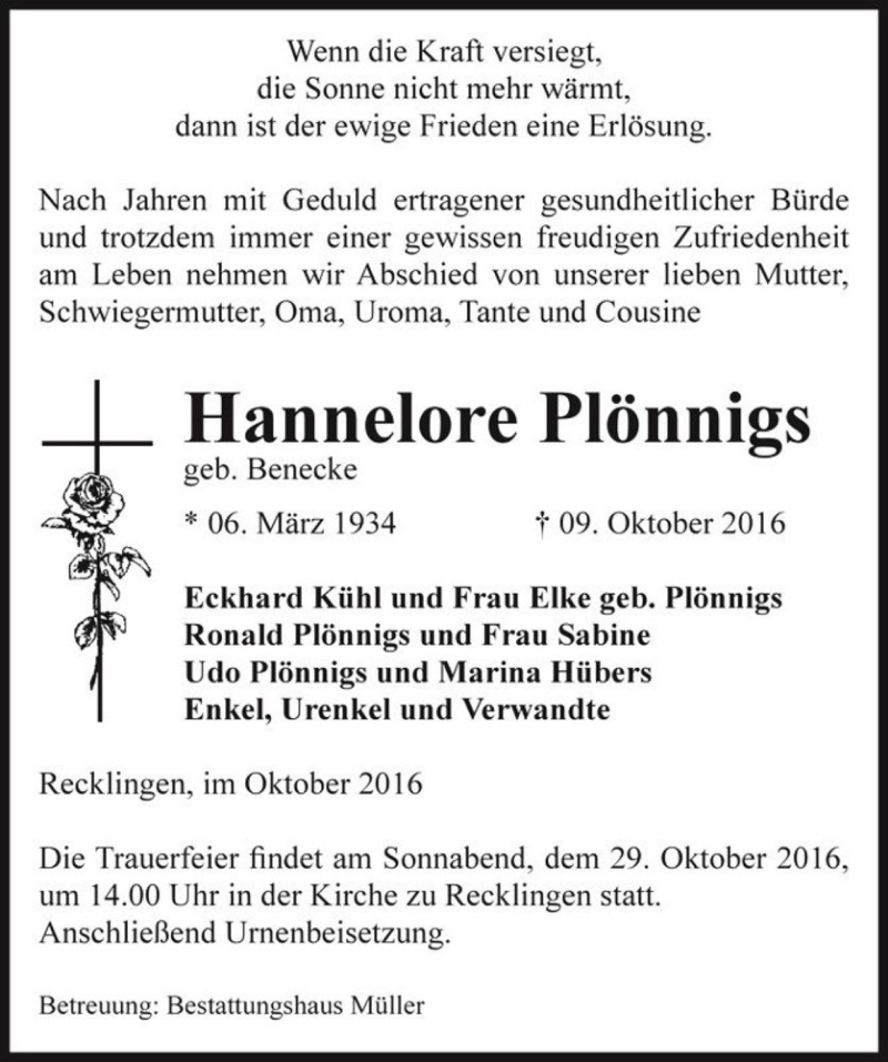  Traueranzeige für Hannelore Plönnigs (geb. Benecke)  vom 12.10.2016 aus Magdeburger Volksstimme