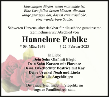 Traueranzeige von Hannelore Pohlke  von Magdeburger Volksstimme