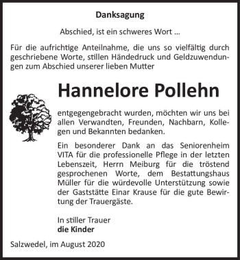 Traueranzeige von Hannelore Pollehn  von Magdeburger Volksstimme