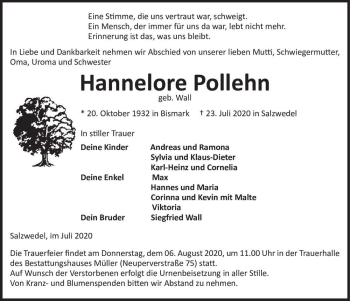Traueranzeige von Hannelore Pollehn (geb. Wall)  von Magdeburger Volksstimme