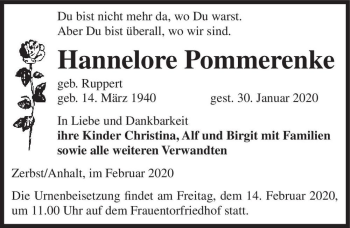 Traueranzeige von Hannelore Pommerenke (geb. Ruppert)  von Magdeburger Volksstimme