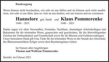 Traueranzeige von Hannelore Pommerenke (geb. Sandt) und Klaus Pommerenke  von Magdeburger Volksstimme