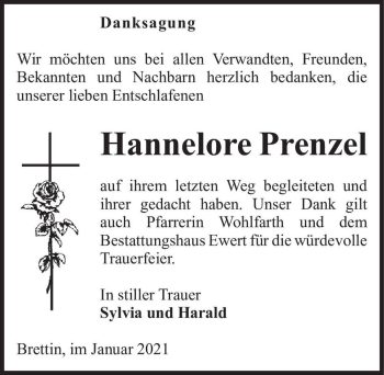 Traueranzeige von Hannelore Prenzel  von Magdeburger Volksstimme