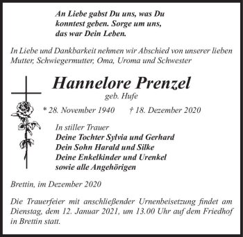 Traueranzeige von Hannelore Prenzel (geb. Hufe)  von Magdeburger Volksstimme