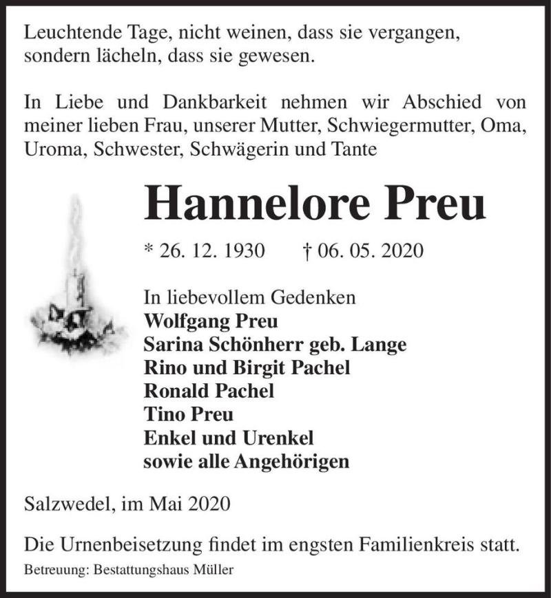  Traueranzeige für Hannelore Preu  vom 08.05.2020 aus Magdeburger Volksstimme