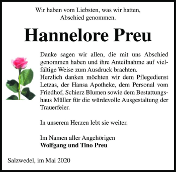 Traueranzeige von Hannelore Preu  von Magdeburger Volksstimme