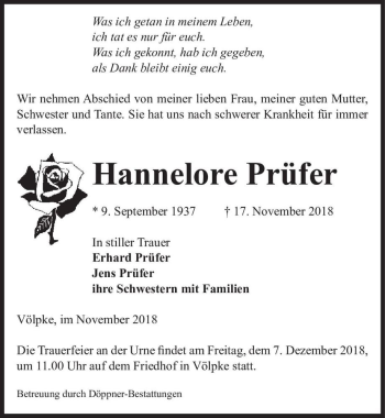 Traueranzeige von Hannelore Prüfer  von Magdeburger Volksstimme
