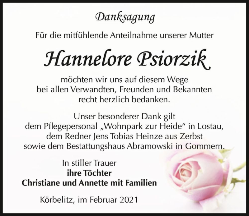  Traueranzeige für Hannelore Psiorzik  vom 20.02.2021 aus Magdeburger Volksstimme
