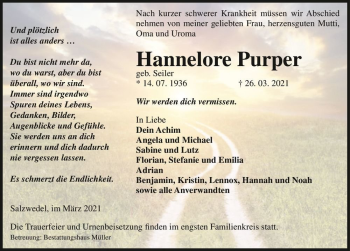 Traueranzeige von Hannelore Purper (geb. Seiler)  von Magdeburger Volksstimme