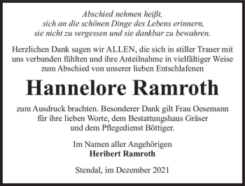 Traueranzeige von Hannelore Ramroth  von Magdeburger Volksstimme
