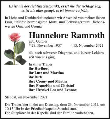 Traueranzeige von Hannelore Ramroth (geb. Geißler)  von Magdeburger Volksstimme